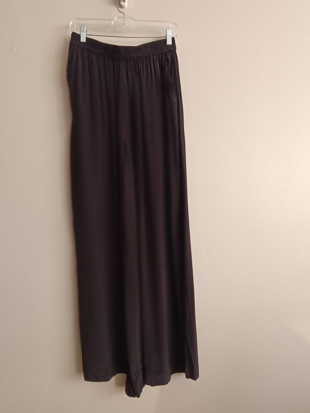MANGO Black Viscose Elastic Waist Palazzo Pants Wide Leg Side Slits S
